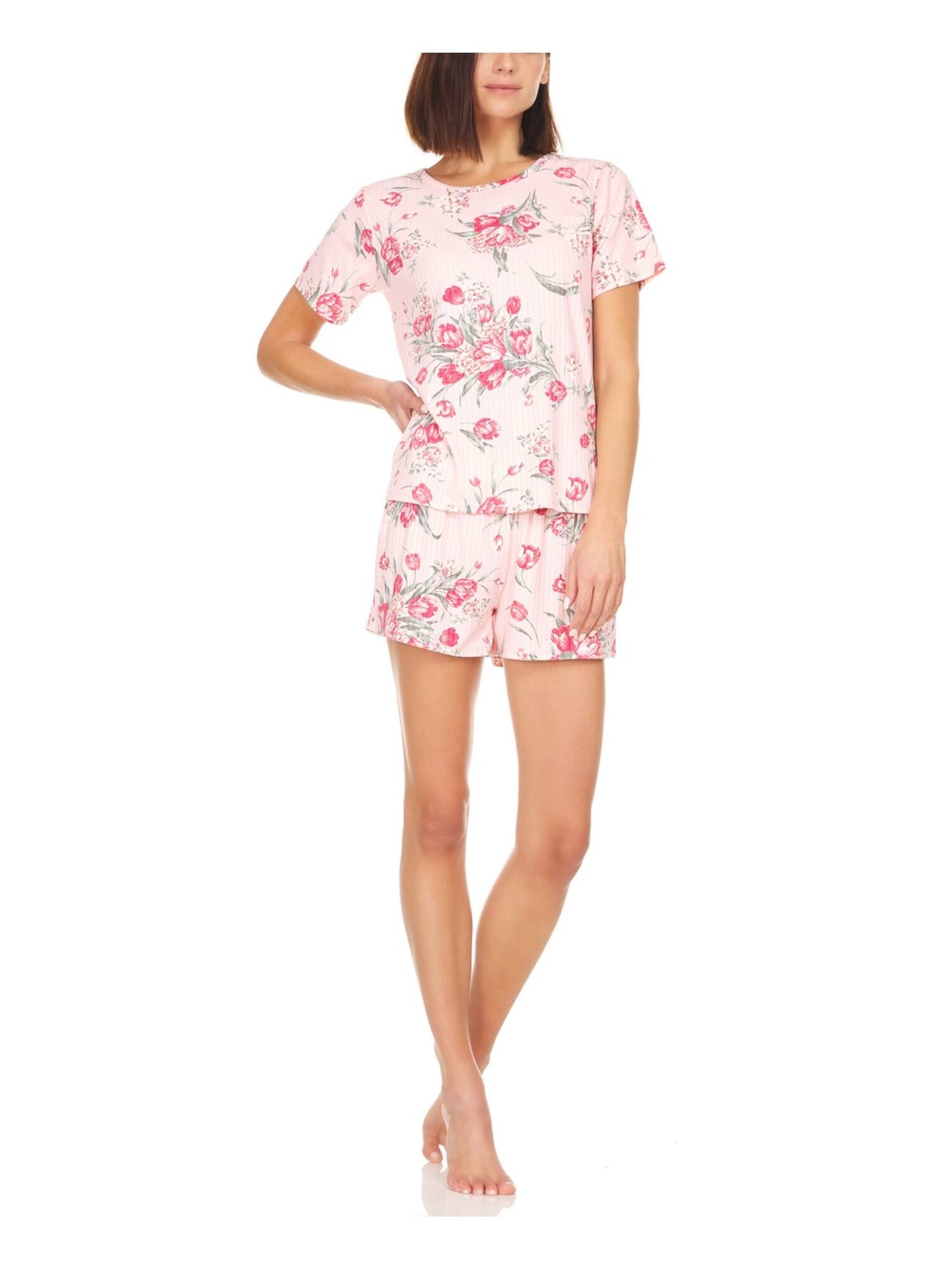 FLORA Womens By Flora Nikrooz Pink Floral Elastic Band Short Sleeve T-Shirt Top and Shorts Pajamas Juniors L