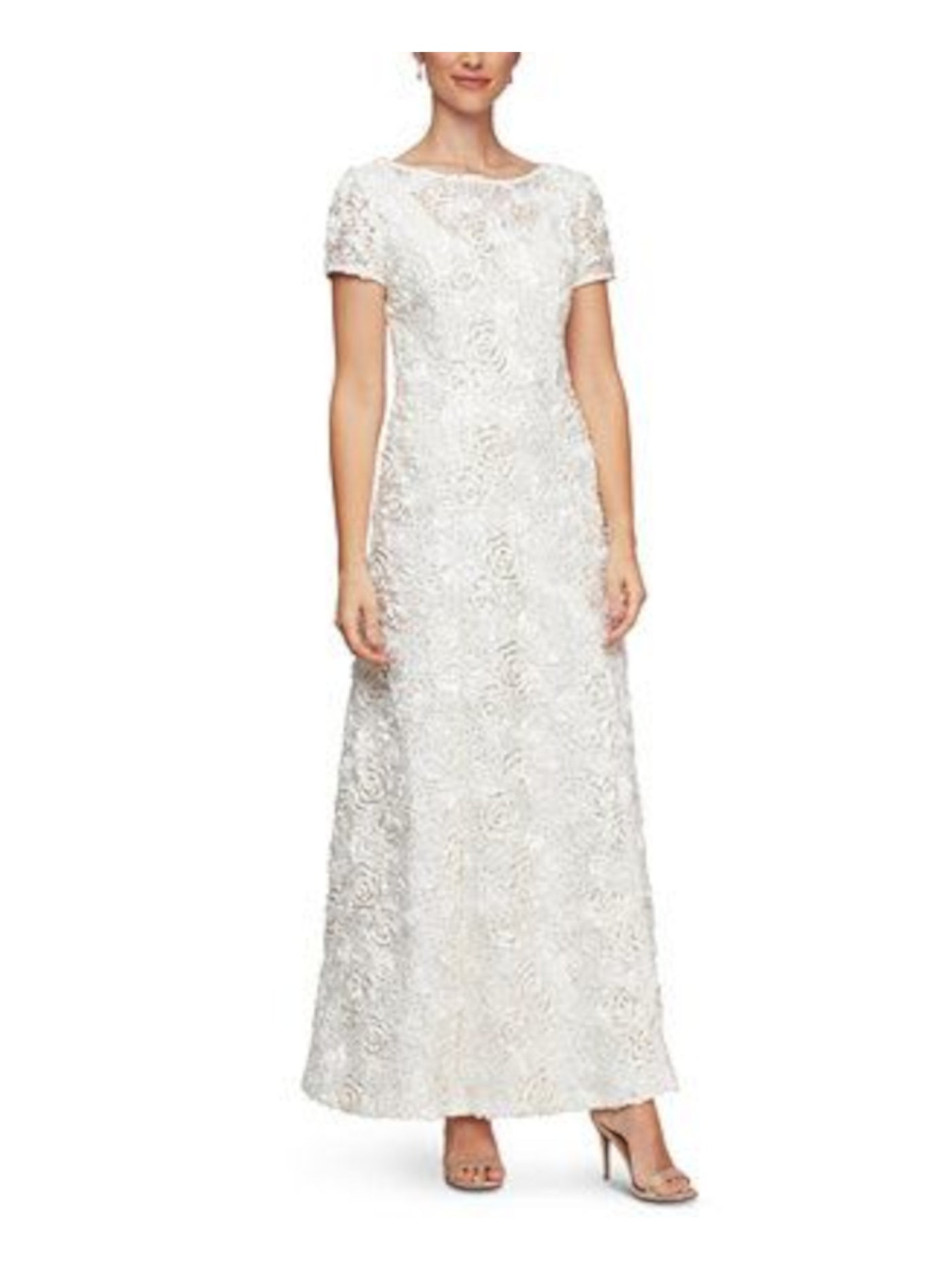 ALEX EVENINGS Womens Ivory Stretch Embroidered Lace Zippered Sequined Floral Short Sleeve Crew Neck Maxi Formal Gown Dress 18