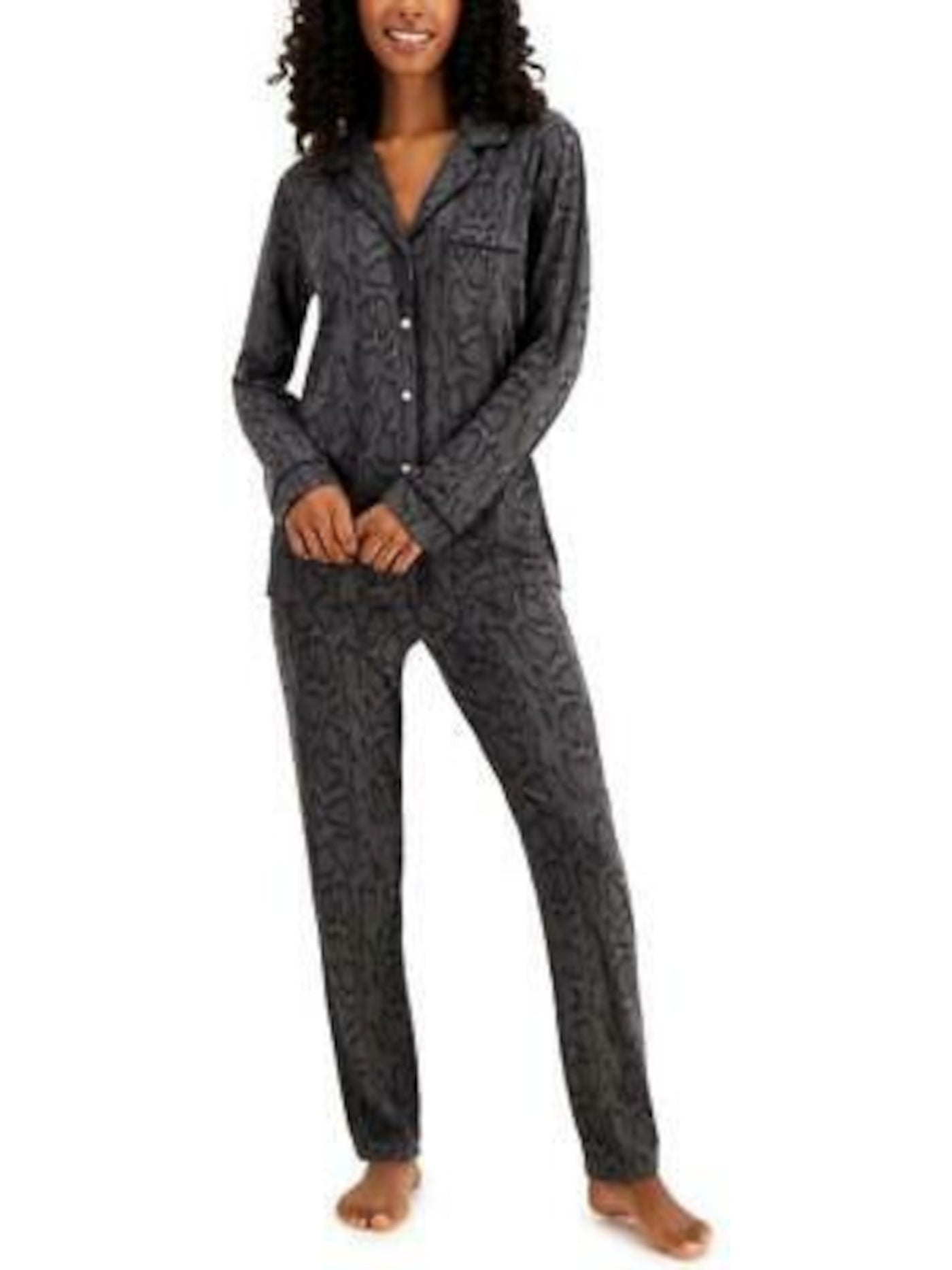 ALFANI Womens Gray Printed Notched Collar Long Sleeve Button Up Top Straight leg Pants Pajamas XXL