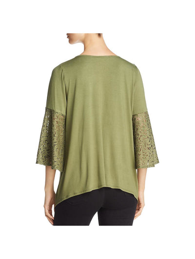 STATUS BY CHENAULT Womens Green Stretch Lace Pullover Styling Bell Sleeve V Neck Blouse M