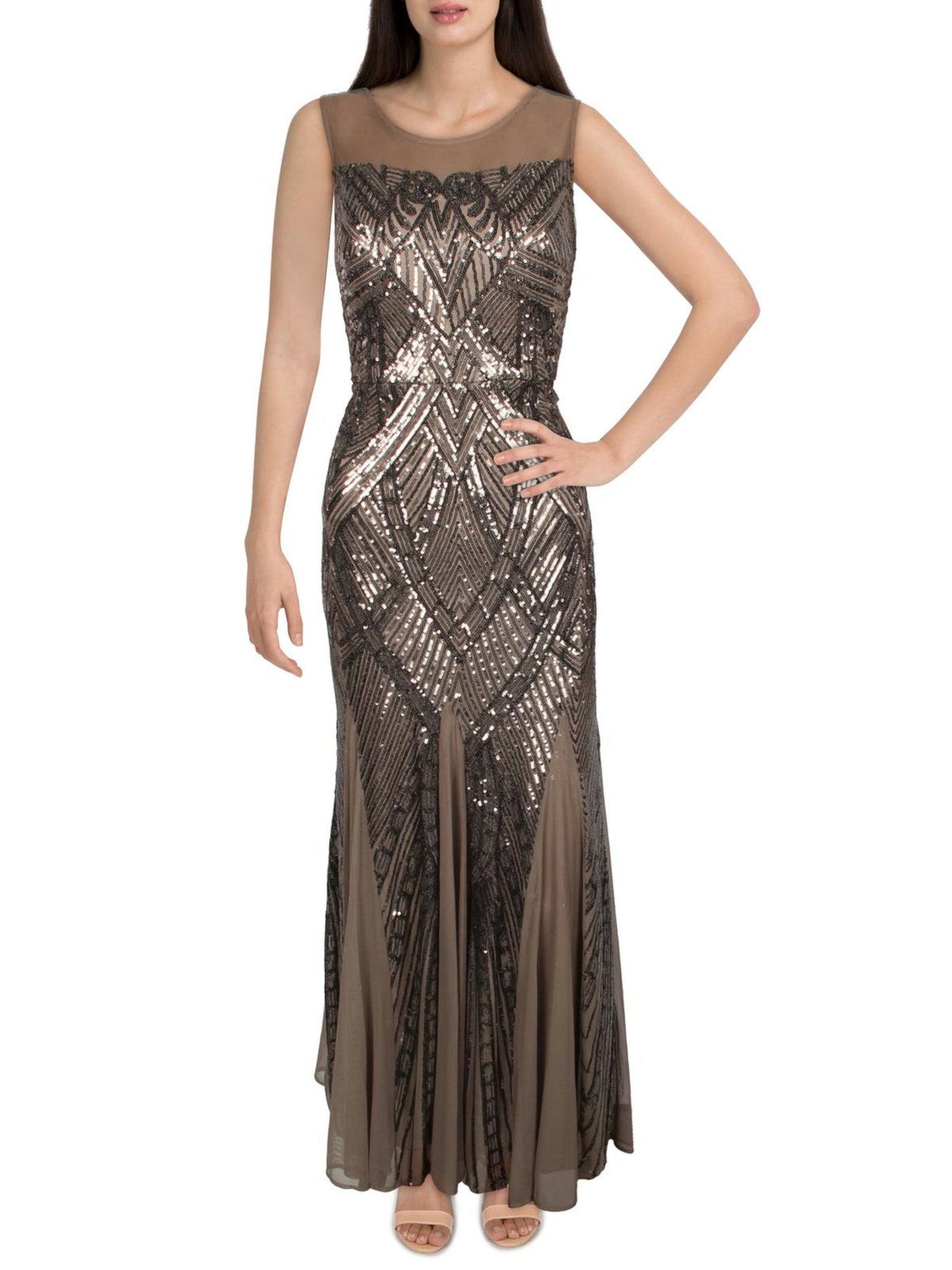 NIGHTWAY Womens Brown Stretch Sequined Zippered Lined Sleeveless Illusion Neckline Full-Length Formal Gown Dress 10