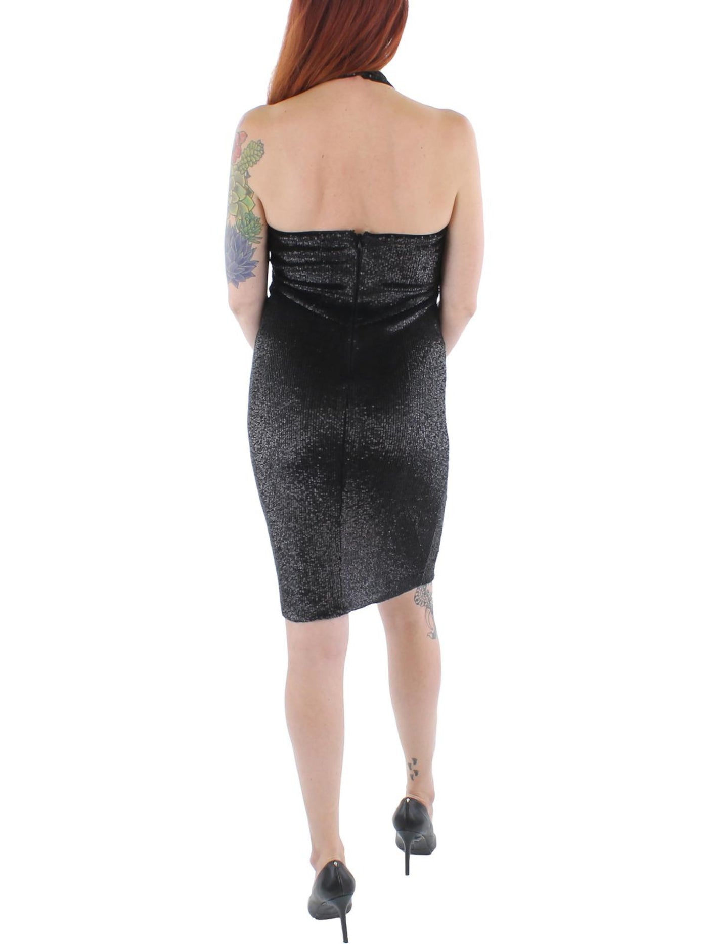DONNA KARAN Womens Black Sequined Lined Zippered Sleeveless Halter Knee Length Party Sheath Dress 2