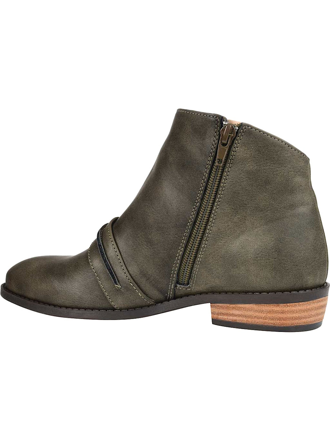 JOURNEE COLLECTION Womens Grey Green Distressed Strap Detail V-Notch Cutout Padded Harlow Almond Toe Block Heel Zip-Up Booties 9 M