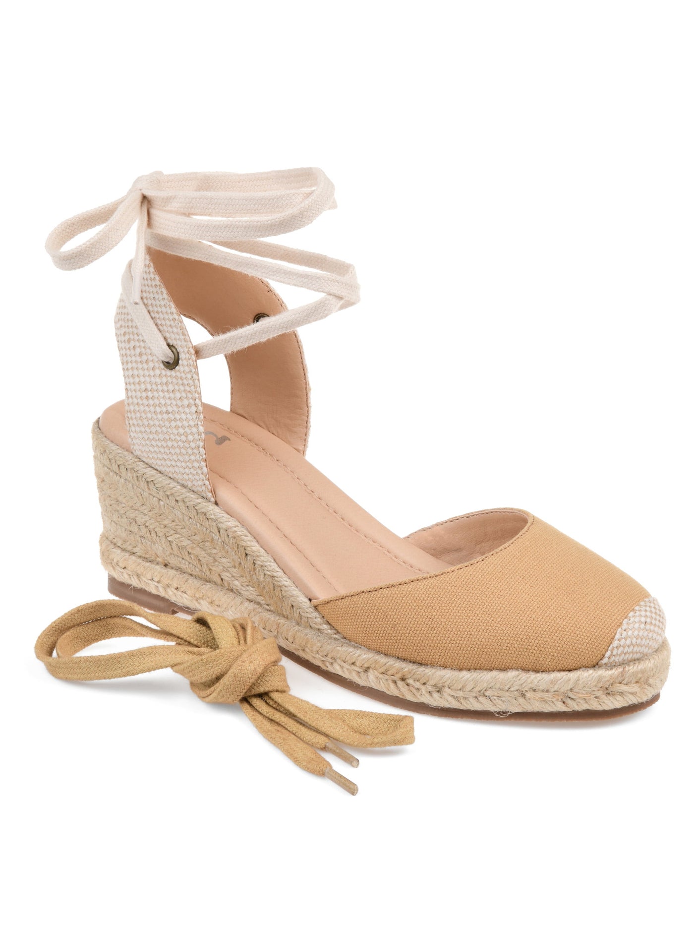 JOURNEE COLLECTION Womens Beige Mixed Media Wrap Up Laces Padded Monte Round Toe Wedge Lace-Up Espadrille Shoes 9 W