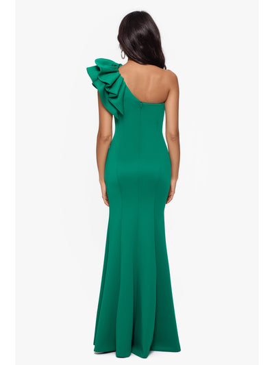 BETSY & ADAM Womens Green Zippered Lined Ruffled Shoulder Sleeveless Asymmetrical Neckline Full-Length Evening Mermaid Dress 16