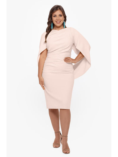 BETSY & ADAM Womens Pink Zippered Ruched Cape Sleeves V-back Round Neck Above The Knee Party Sheath Dress Plus 18W