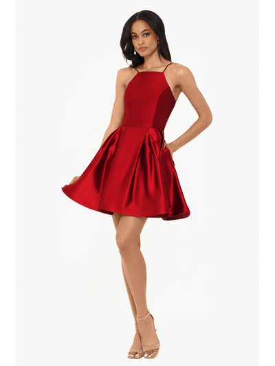 BETSY & ADAM Womens Red Low Back Spaghetti Strap Boat Neck Short Party Trapeze Dress Petites 8P