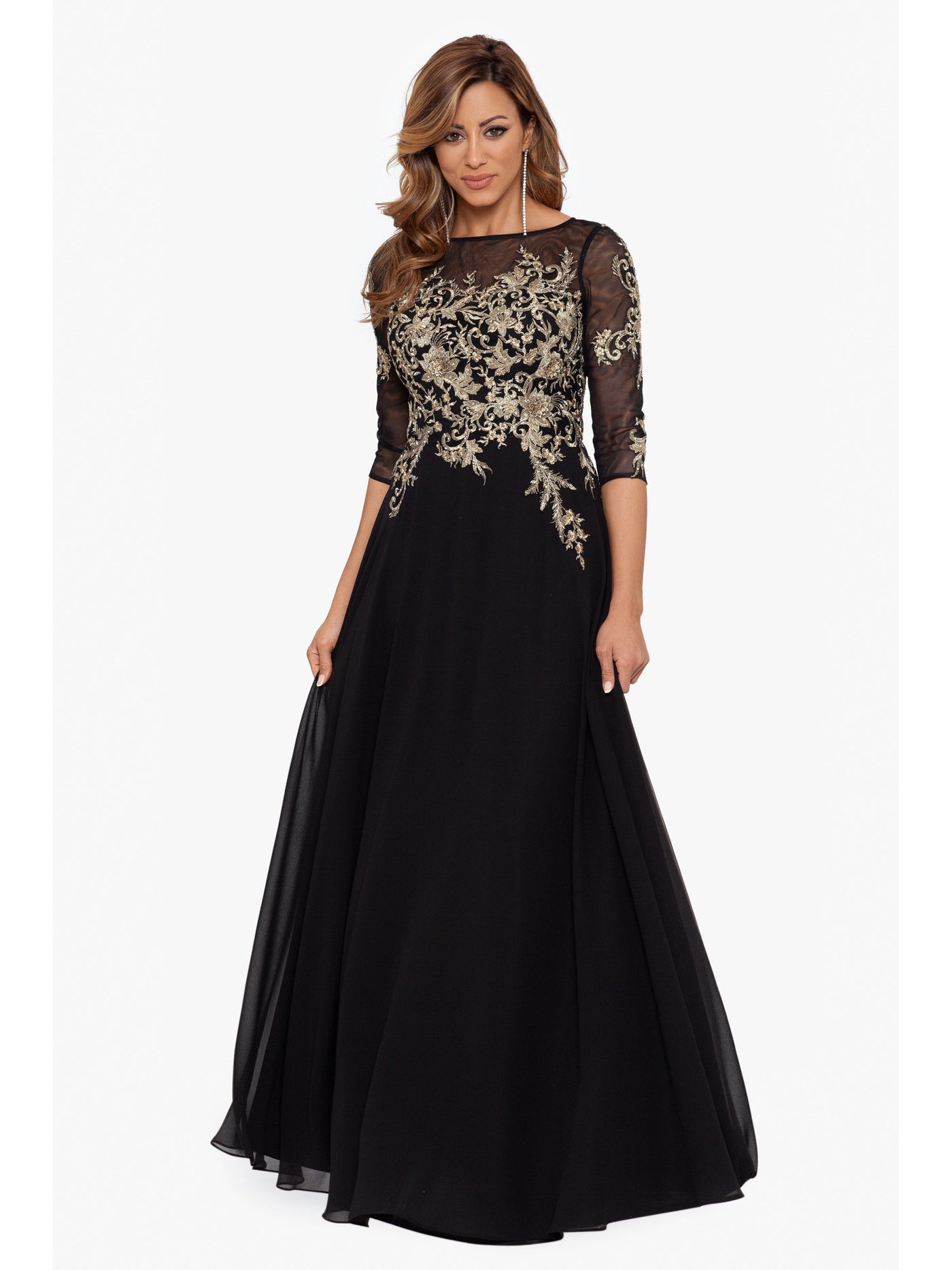 BETSY & ADAM Womens Black Embroidered Rhinestone Zippered Lined Sheer Padded Bust Floral 3/4 Sleeve Boat Neck Full-Length Formal Gown Dress 6