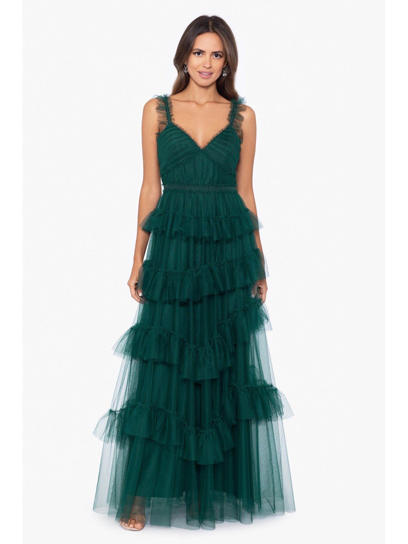 BETSY & ADAM Womens Green Mesh Zippered Ruffled Pleated Bodice Tiered Skirt Line Sleeveless Sweetheart Neckline Full-Length Formal Gown Dress 2