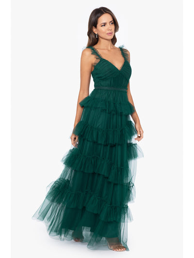 BETSY & ADAM Womens Green Mesh Zippered Ruffled Pleated Bodice Tiered Skirt Line Sleeveless Sweetheart Neckline Full-Length Formal Gown Dress 2