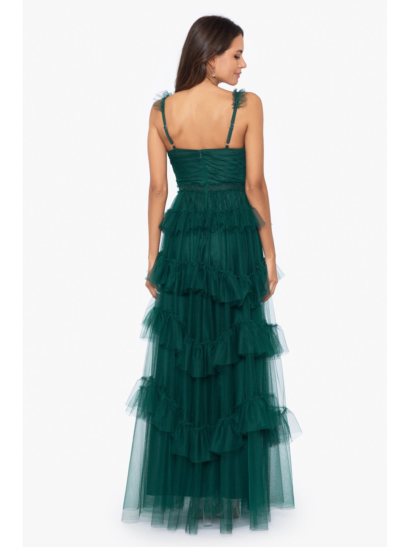 BETSY & ADAM Womens Green Mesh Zippered Ruffled Pleated Bodice Tiered Skirt Line Sleeveless Sweetheart Neckline Full-Length Formal Gown Dress 2