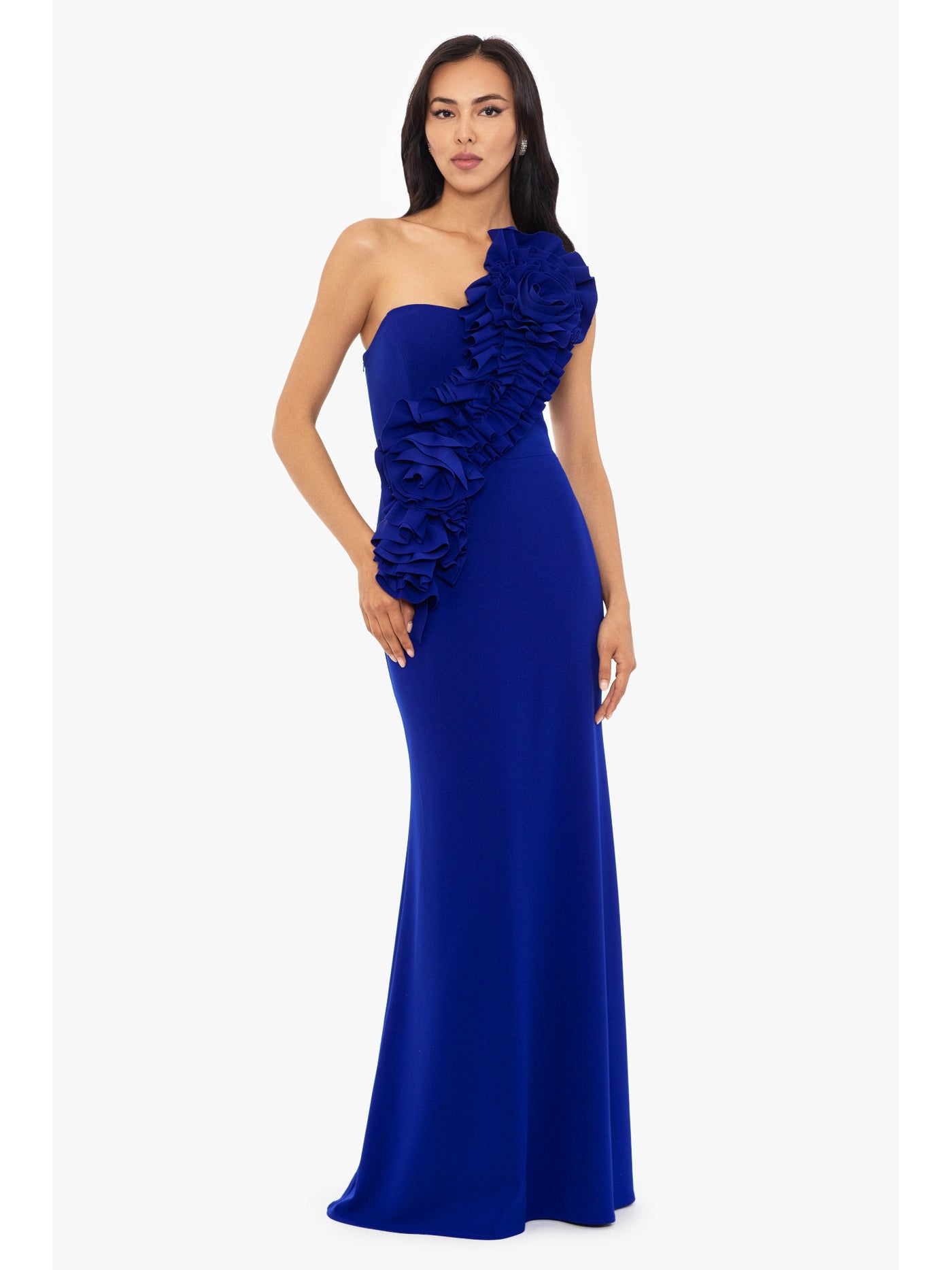 BETSY & ADAM Womens Blue Zippered Lined 3d Flower Detail Sleeveless Asymmetrical Neckline Full-Length Evening Gown Dress 2