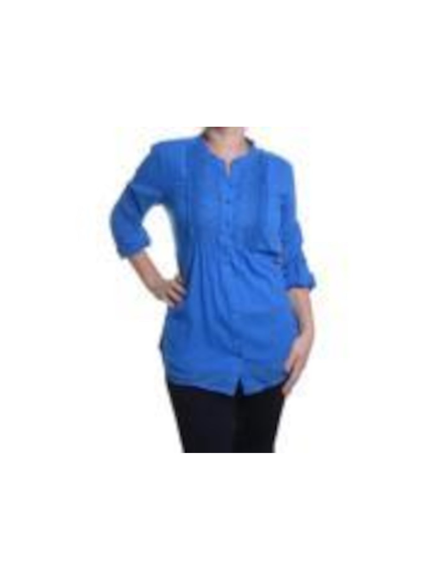 STYLE & COMPANY Womens Blue Frayed Embroidered Button Down Roll-tab Sleeve Scoop Neck Blouse S