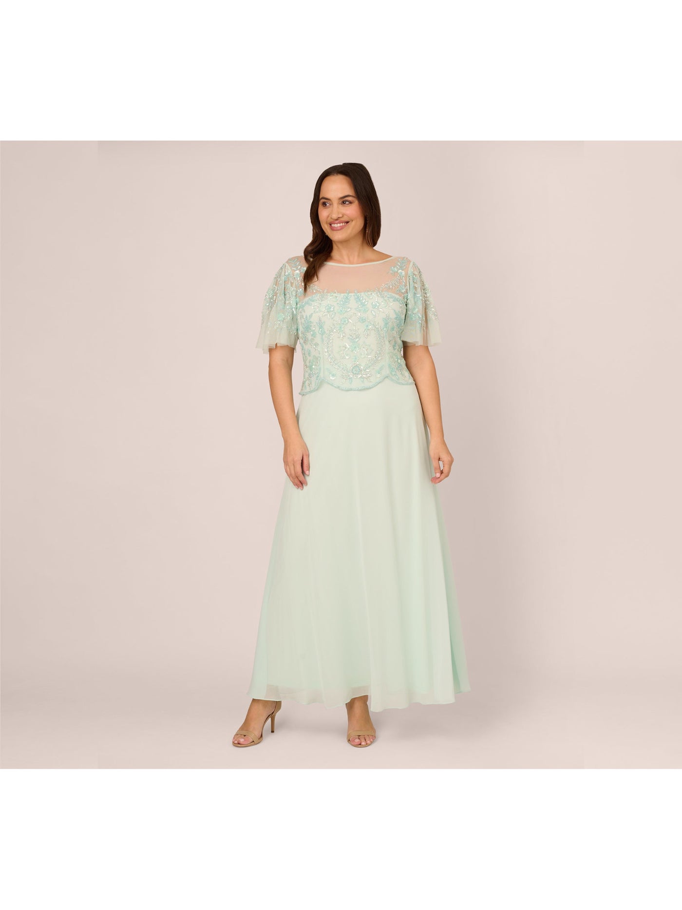 ADRIANNA PAPELL Womens Green Embellished Scalloped V-back Zippered Lined Flutter Sleeve Boat Neck Maxi Party Gown Dress 6