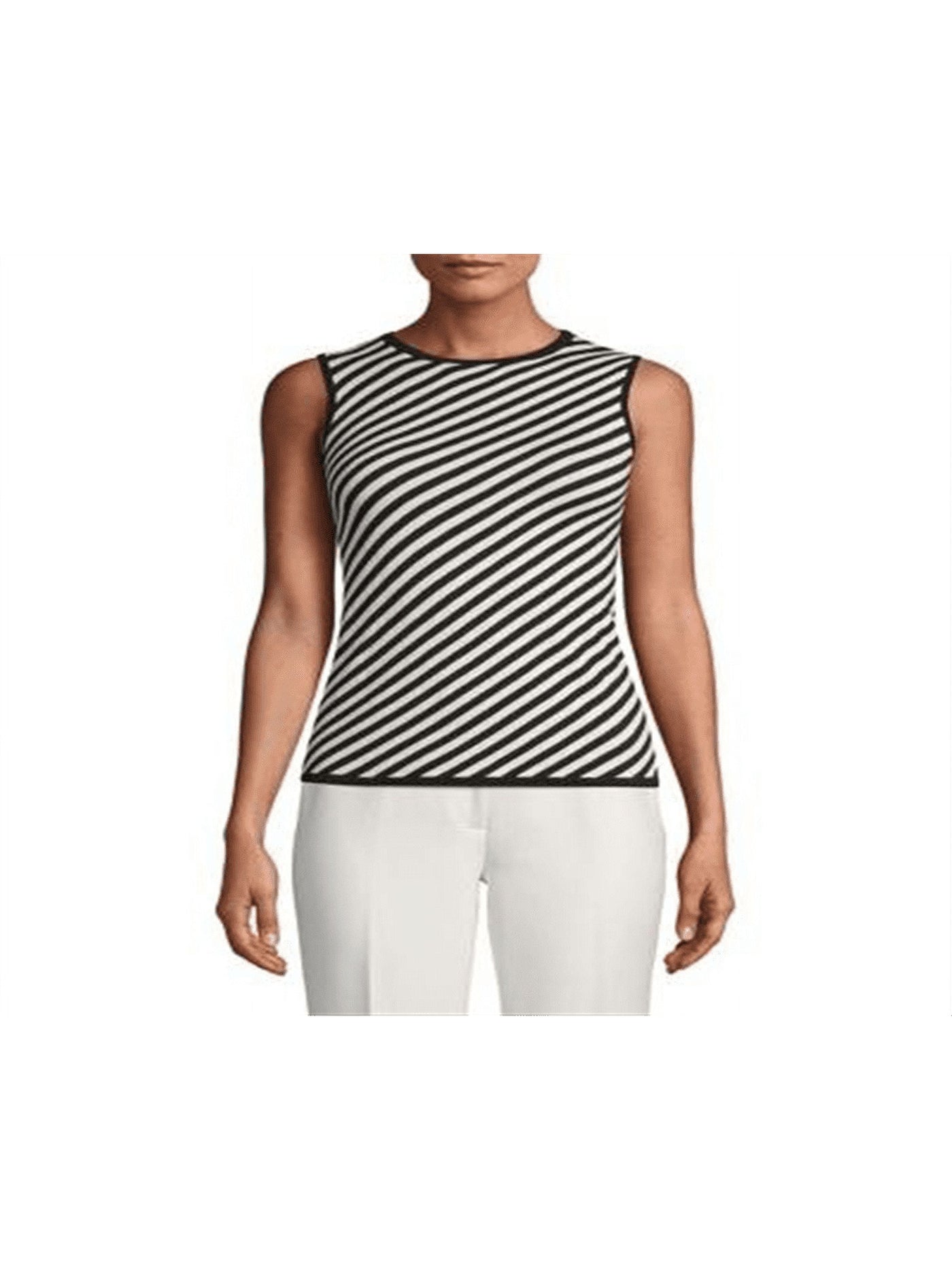 ANNE KLEIN Womens Black Striped Sleeveless Round Neck Wear To Work Tank Top M