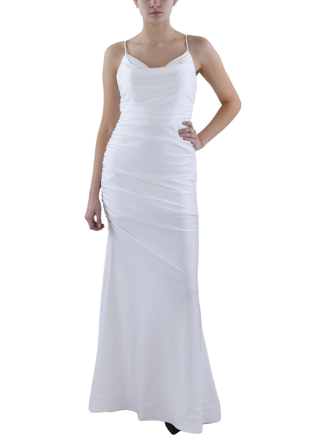 B DARLIN Womens White Zippered Fitted Shirred Small Train Spaghetti St – Bobbi + Bricka
