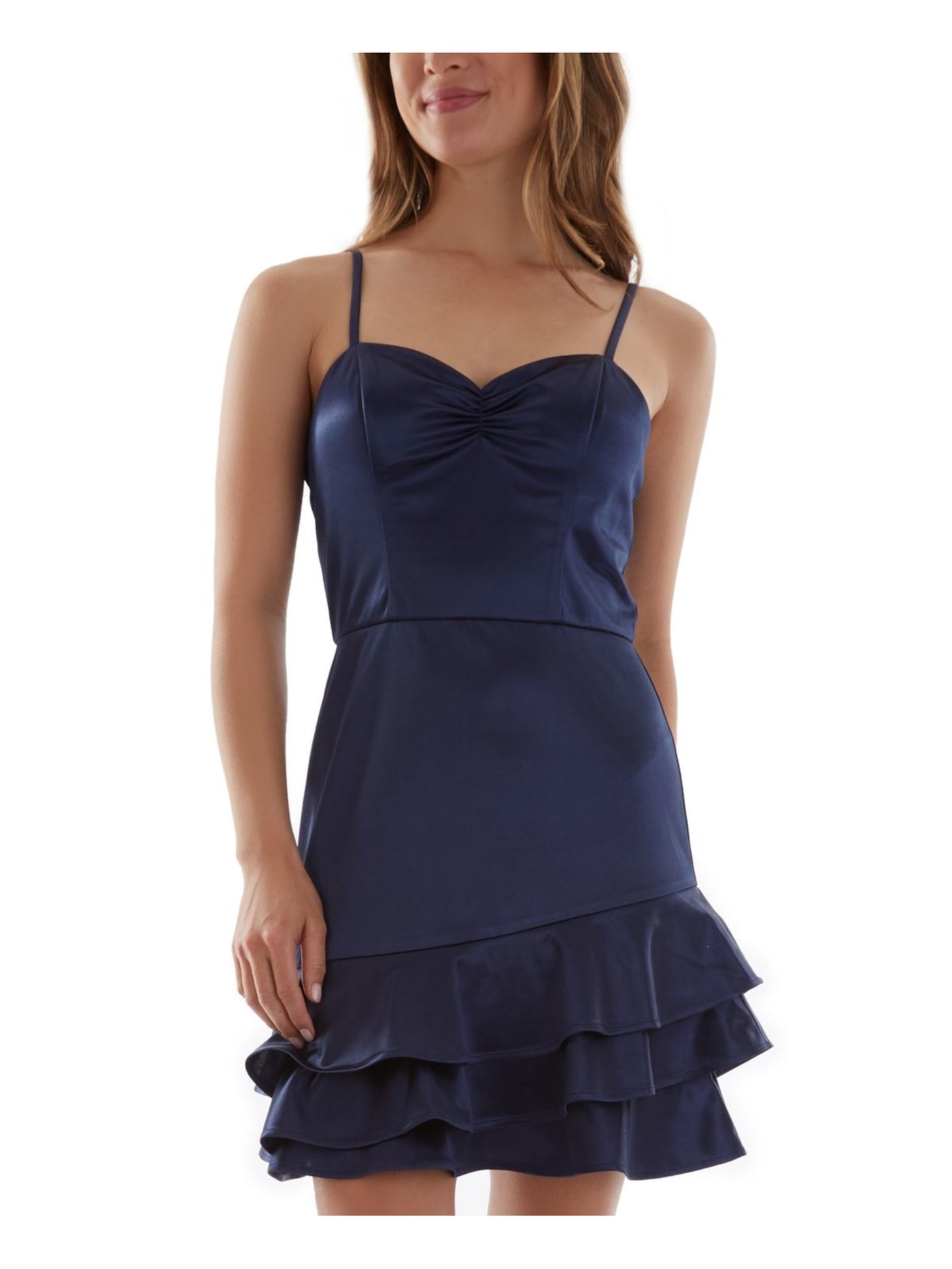 BCX Womens Navy Ruffled Zippered Molded Cups Satin Spaghetti Strap Sweetheart Neckline Above The Knee Party Sheath Dress 9