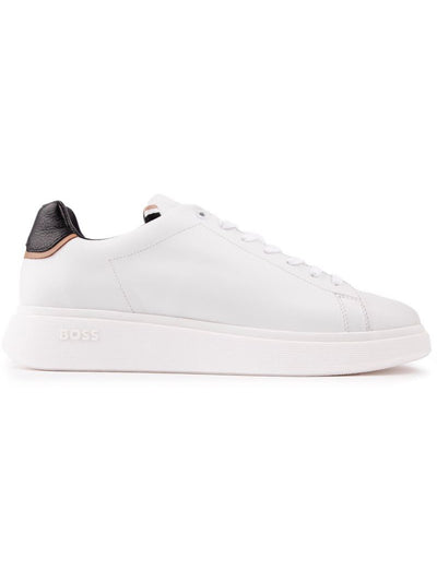 BOSS Mens White Logo Padded Bulton Round Toe Wedge Lace-Up Leather Sneakers Shoes 12