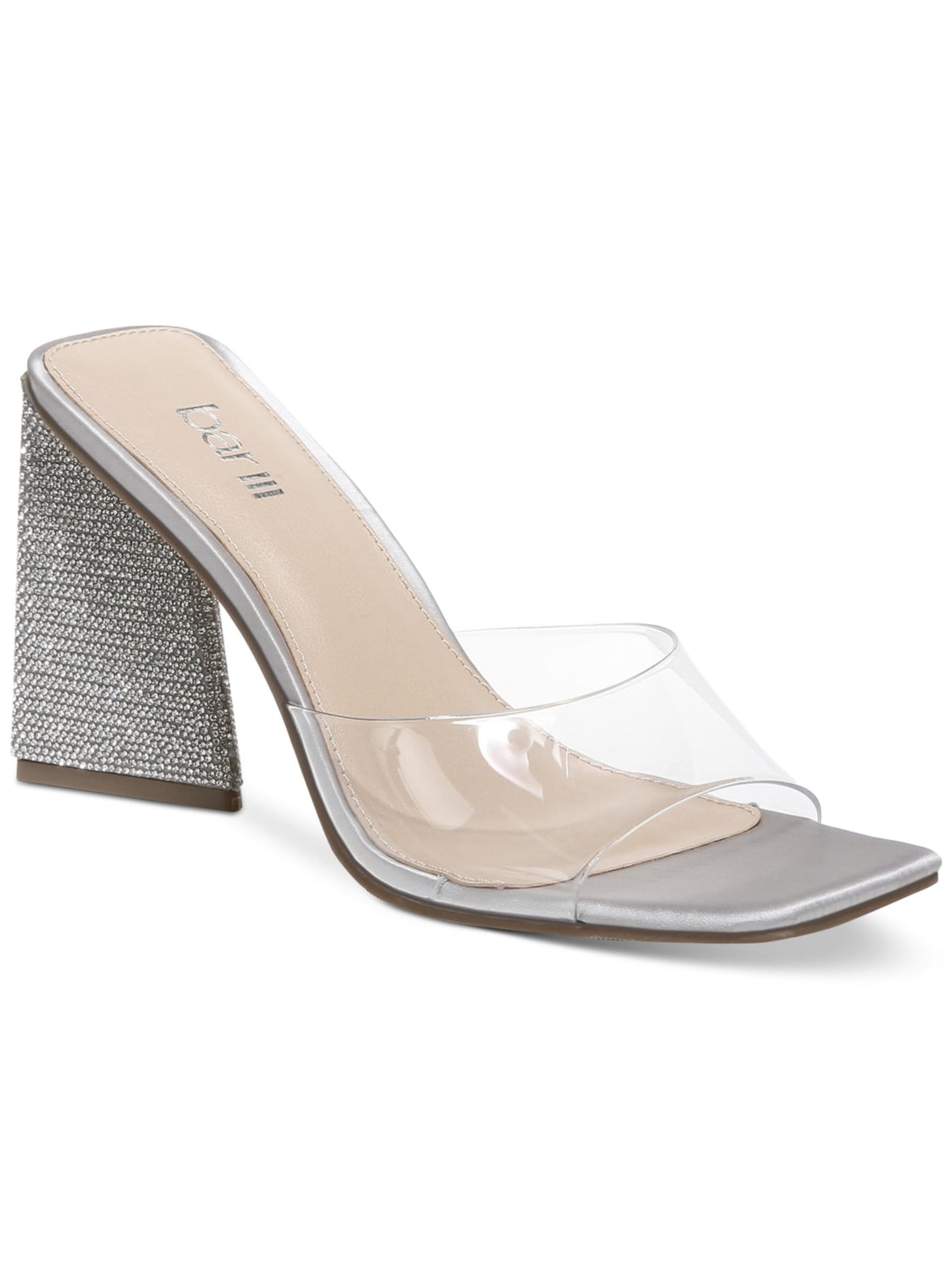 BAR III Womens Silver Embellished Padded Avva Square Toe Stacked Heel Slip On Dress Heeled Sandal 6.5 M