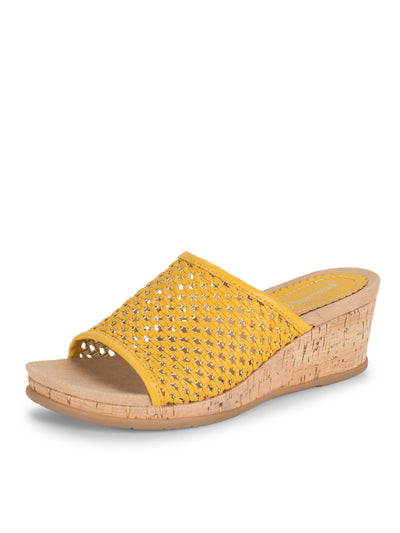 BARETRAPS Womens Yellow 1" Cork-Covered Platform Padded Woven Goring Flossey Open Toe Wedge Slip On Heeled Sandal 10 M