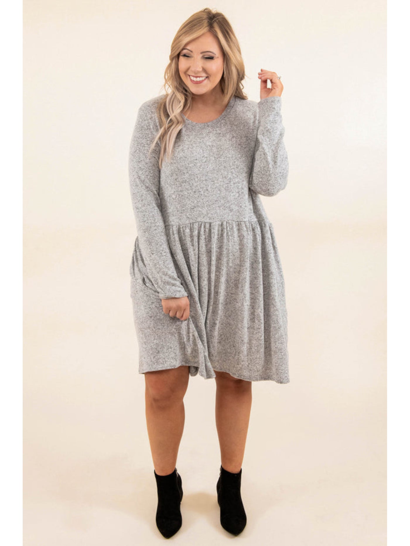 BEBOP Womens Gray Stretch Ribbed Pleated Pullover Long Sleeve Scoop Neck Short Baby Doll Dress Juniors L