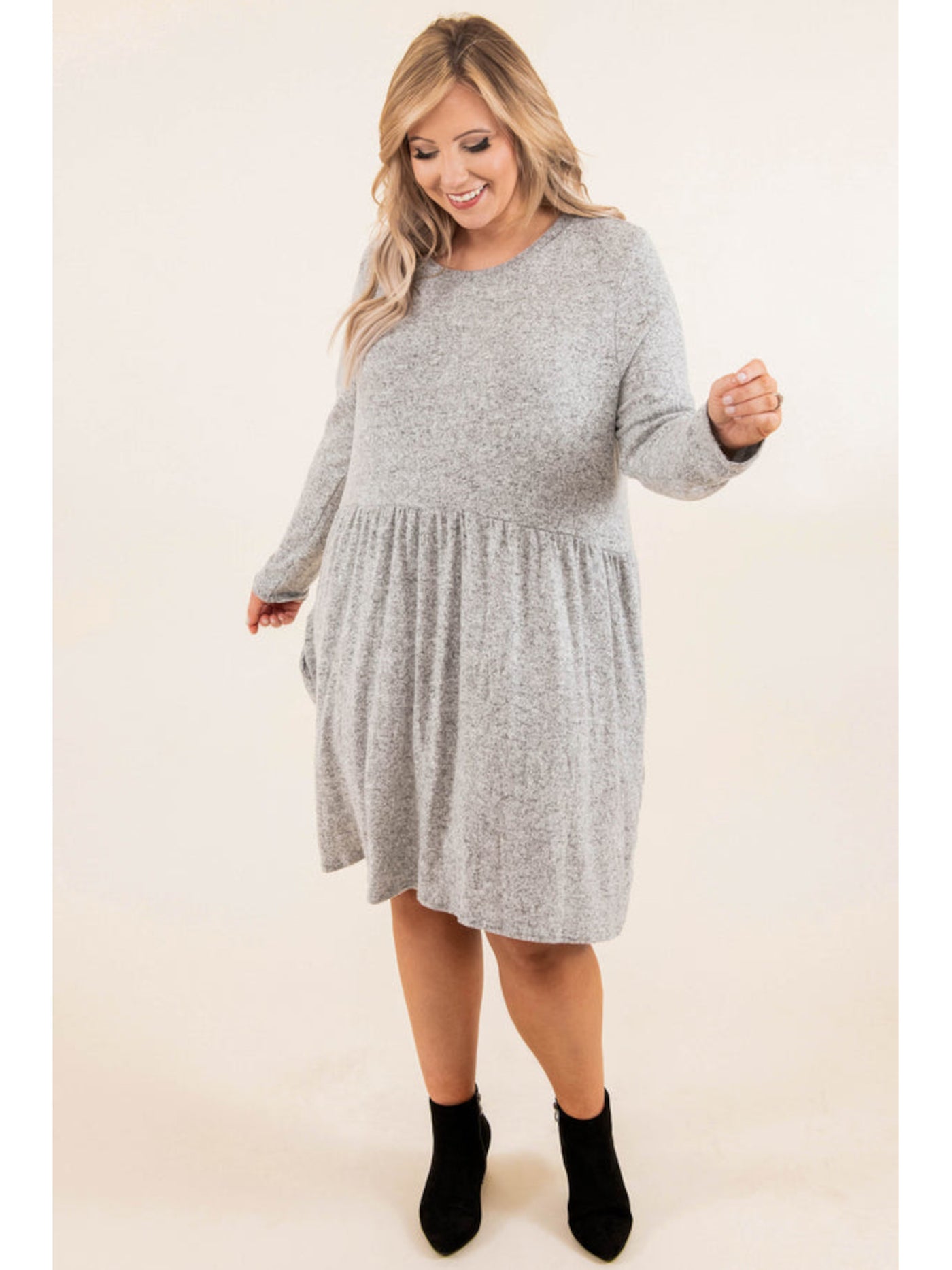 BEBOP Womens Gray Stretch Ribbed Pleated Pullover Long Sleeve Scoop Neck Short Baby Doll Dress Juniors XL