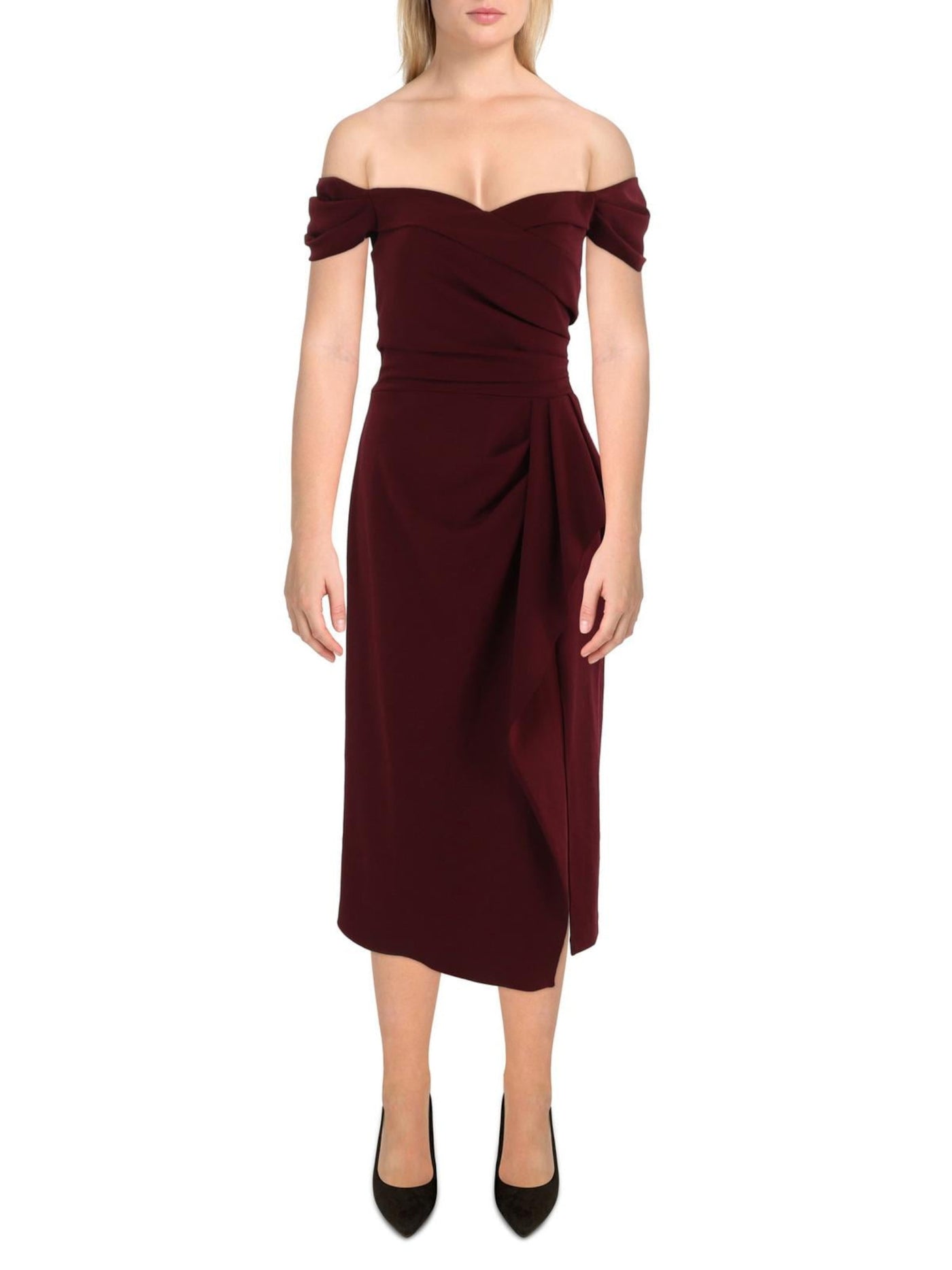 BETSY & ADAM Womens Maroon Zippered Ruched Cascade Ruffle Slit Lined Short Sleeve Off Shoulder Midi Evening Sheath Dress 10