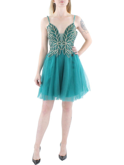BLONDIE NITES Womens Embellished Sleeveless V Neck Above The Knee Party Fit + Flare Dress