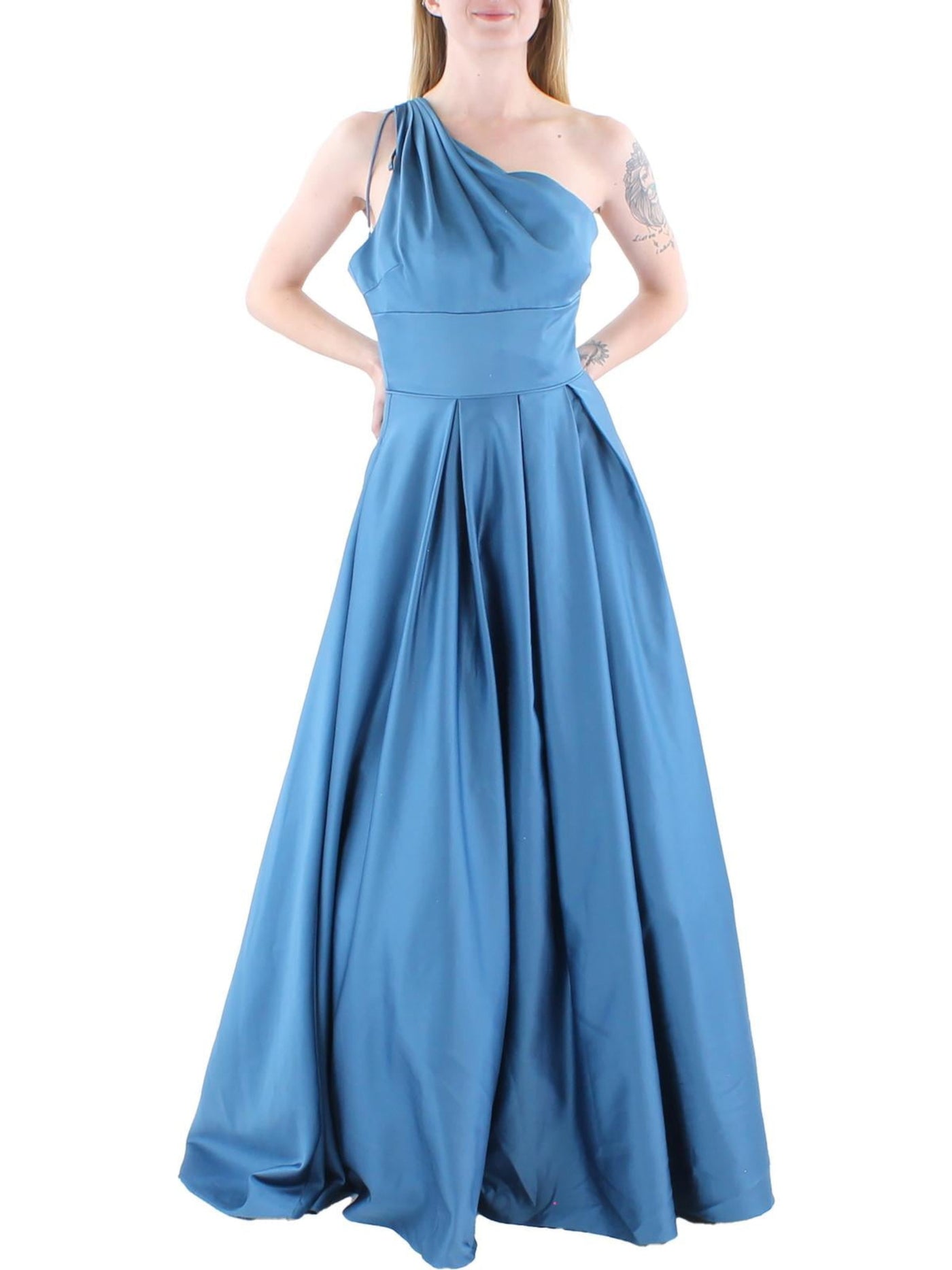BLONDIE NITES Womens Blue Zippered Pocketed Pleated Lined Tulle Sleeveless Asymmetrical Neckline Full-Length Formal Gown Dress Juniors 7