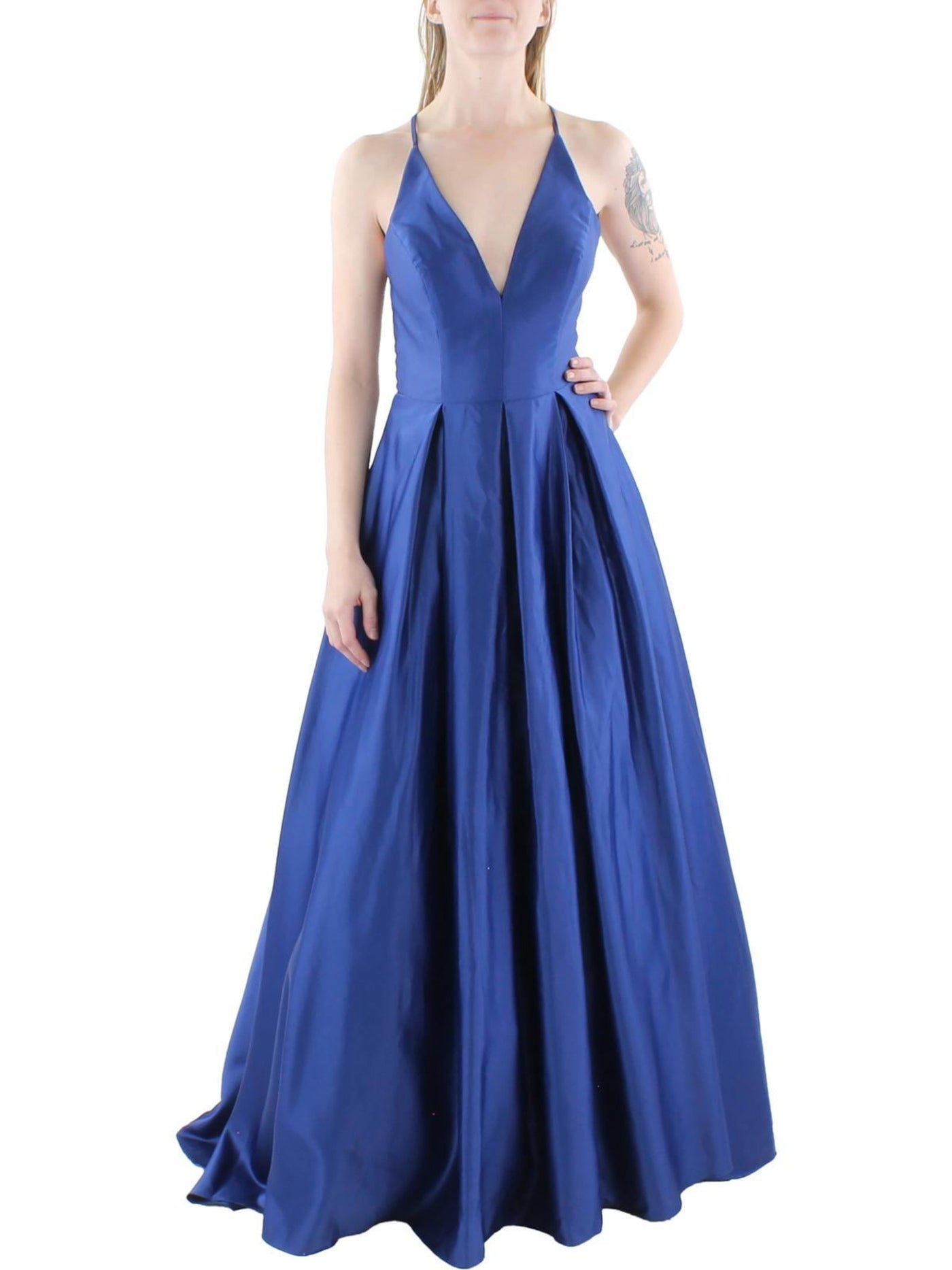 BLONDIE NITES Womens Blue Zippered Pocketed Illusion Strappy Back Bodice Spaghetti Strap V Neck Full-Length Formal Gown Dress Juniors 9