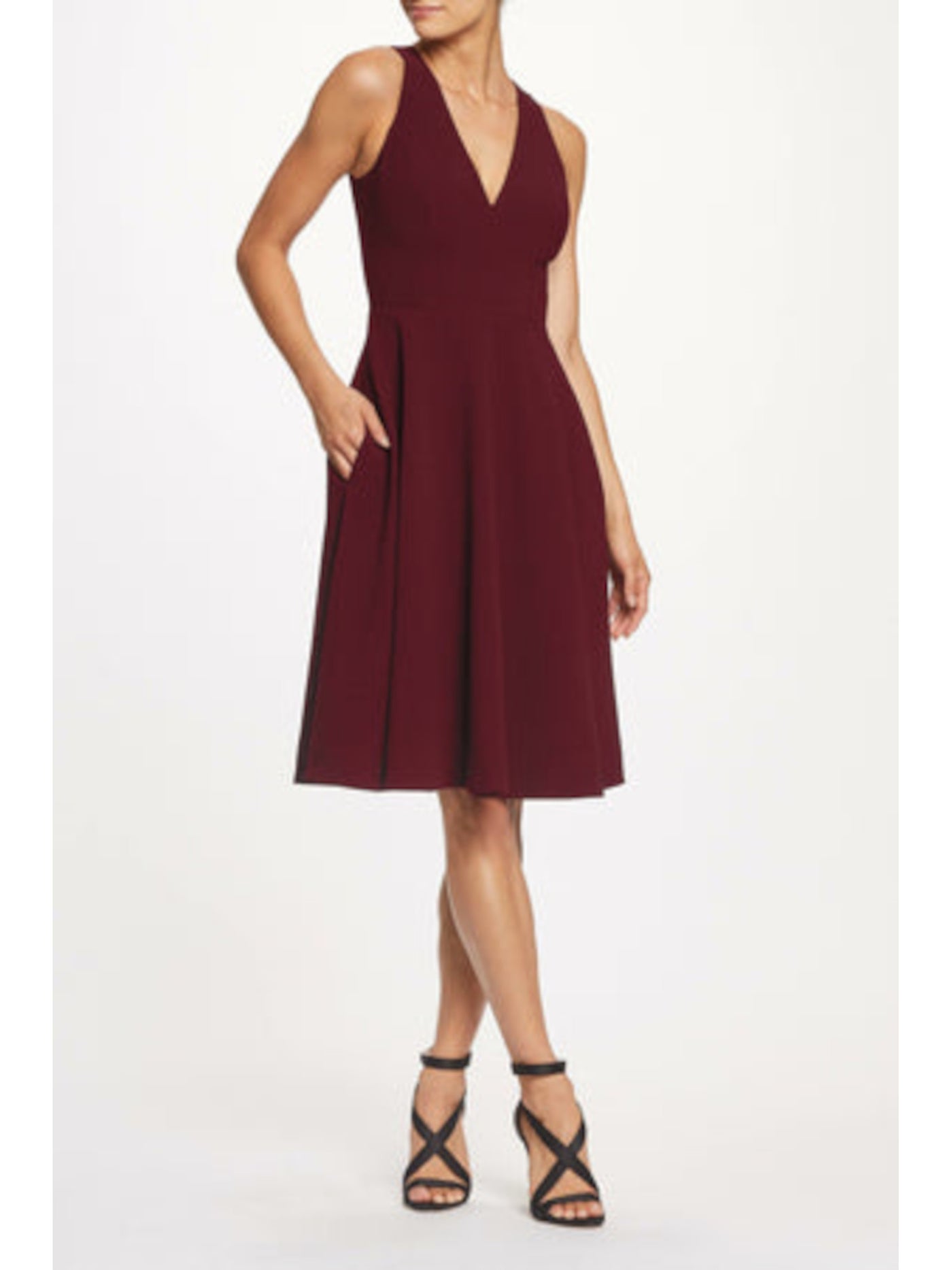 DRESS THE POPULATION Womens Burgundy Zippered Pocketed Textured Lined Sleeveless V Neck Below The Knee Party Fit + Flare Dress XL