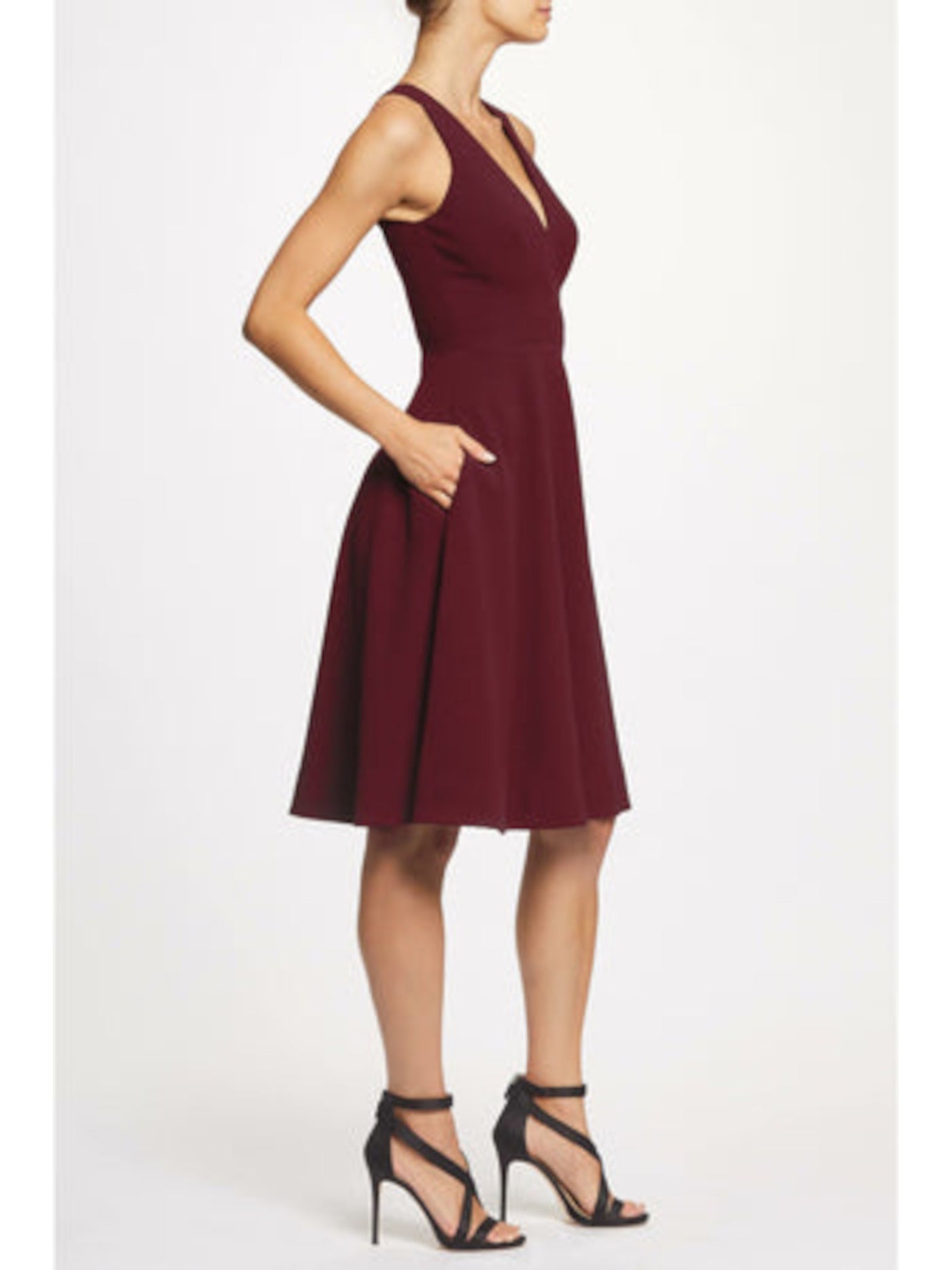 DRESS THE POPULATION Womens Burgundy Zippered Pocketed Textured Lined Sleeveless V Neck Below The Knee Party Fit + Flare Dress XL
