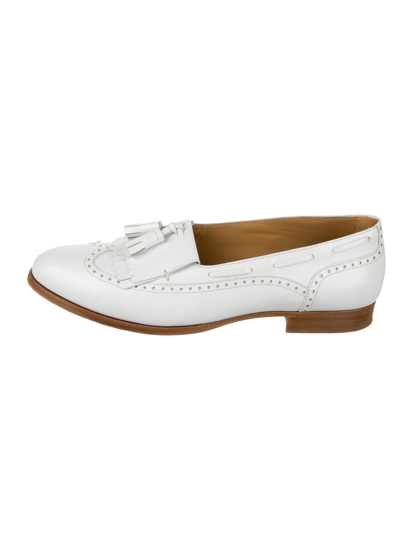 CELINE Womens White Stitch Detailing Perforated Tasseled Round Toe Block Heel Slip On Leather Loafers Shoes 37.5