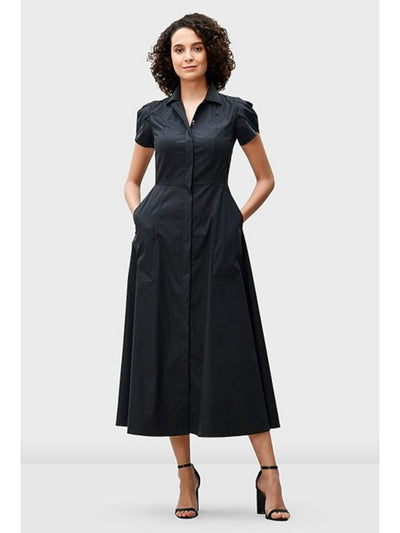 MAX MARA  STUDIO Womens Black Pocketed Pleated Button Front Short Sleeve Collared Midi Wear To Work Shirt Dress 6