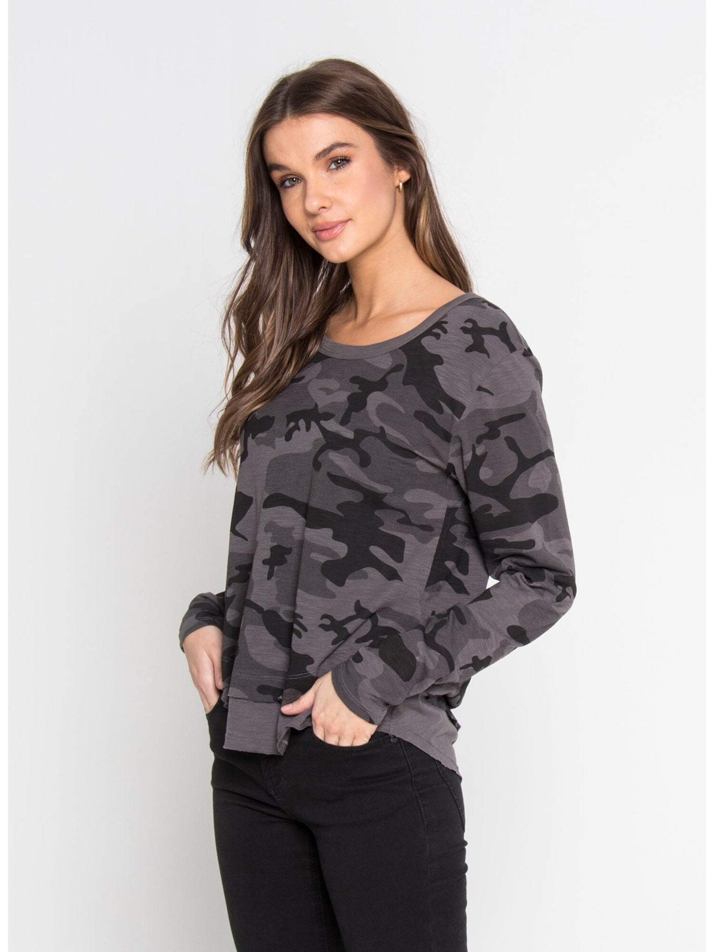 CHRLDR Womens Gray Camouflage Long Sleeve Scoop Neck Top XS