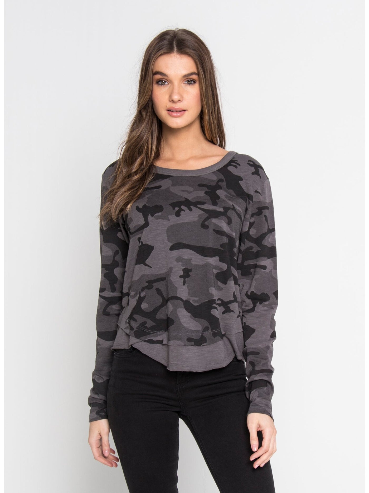 CHRLDR Womens Gray Camouflage Long Sleeve Scoop Neck Top XS