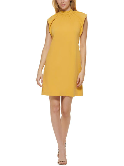 CALVIN KLEIN Womens Yellow Gathered Zippered Lined Flutter Sleeve Mock Neck Short Shift Dress 10