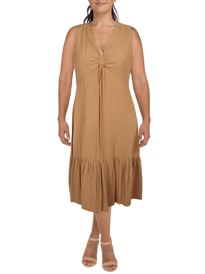 CALVIN KLEIN Womens Brown Zippered Lined Ruffled Textured Sleeveless V Neck Midi Empire Waist Dress 6