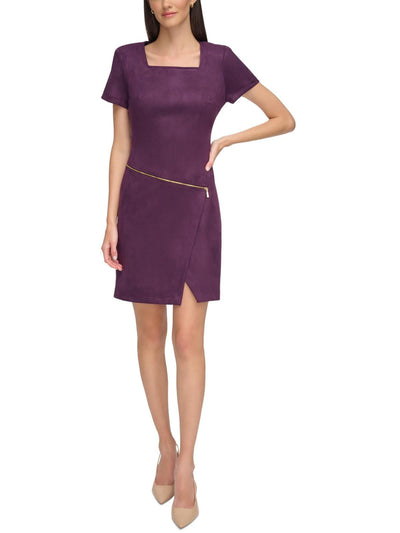 CALVIN KLEIN Womens Purple Zippered Asymmetrical Zip Notched Hem Short Sleeve Square Neck Short Wear To Work Sheath Dress 16