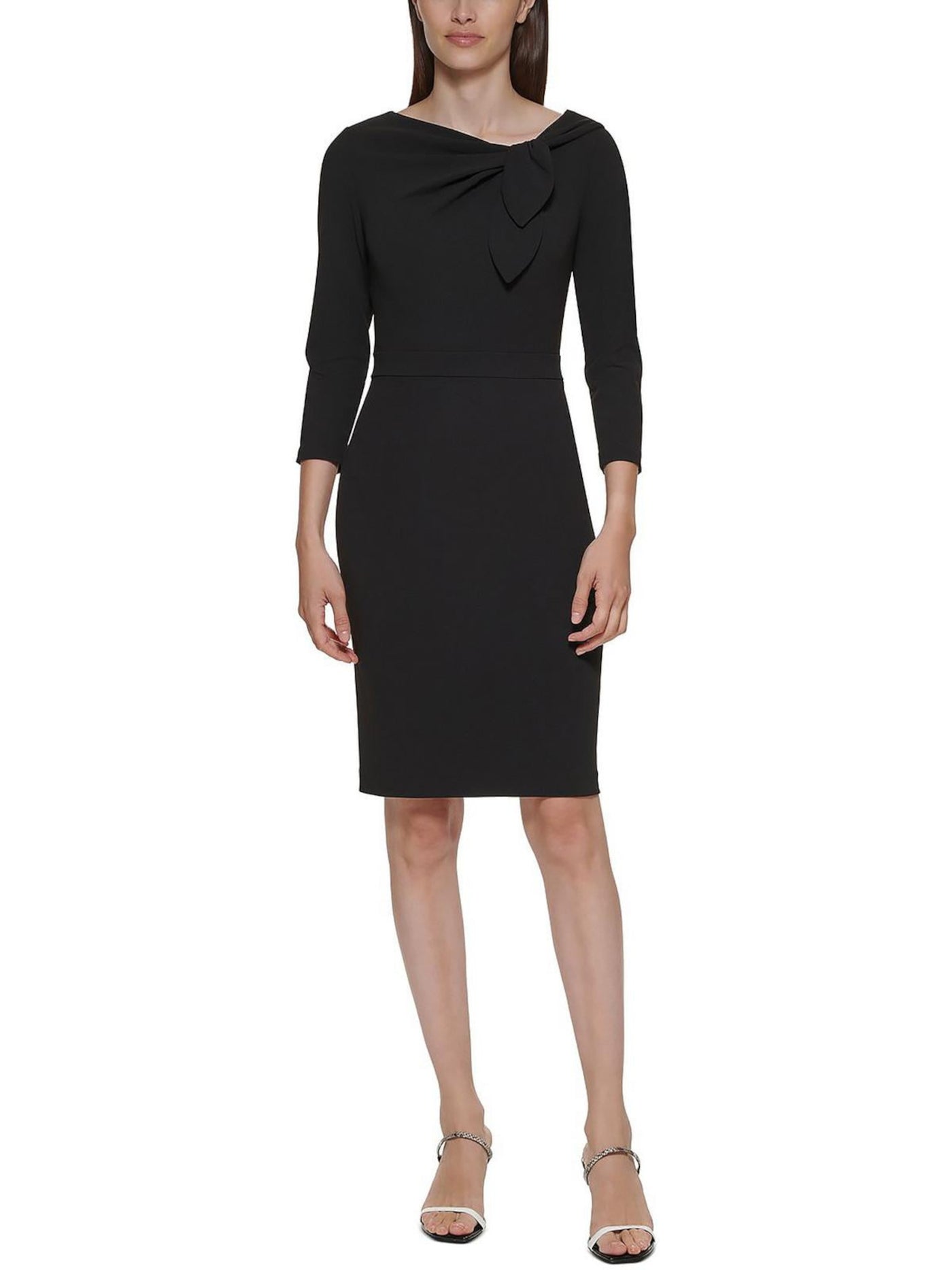 CALVIN KLEIN Womens Black Tie Zippered 3/4 Sleeve Asymmetrical Neckline Above The Knee Wear To Work Sheath Dress Petites 0P