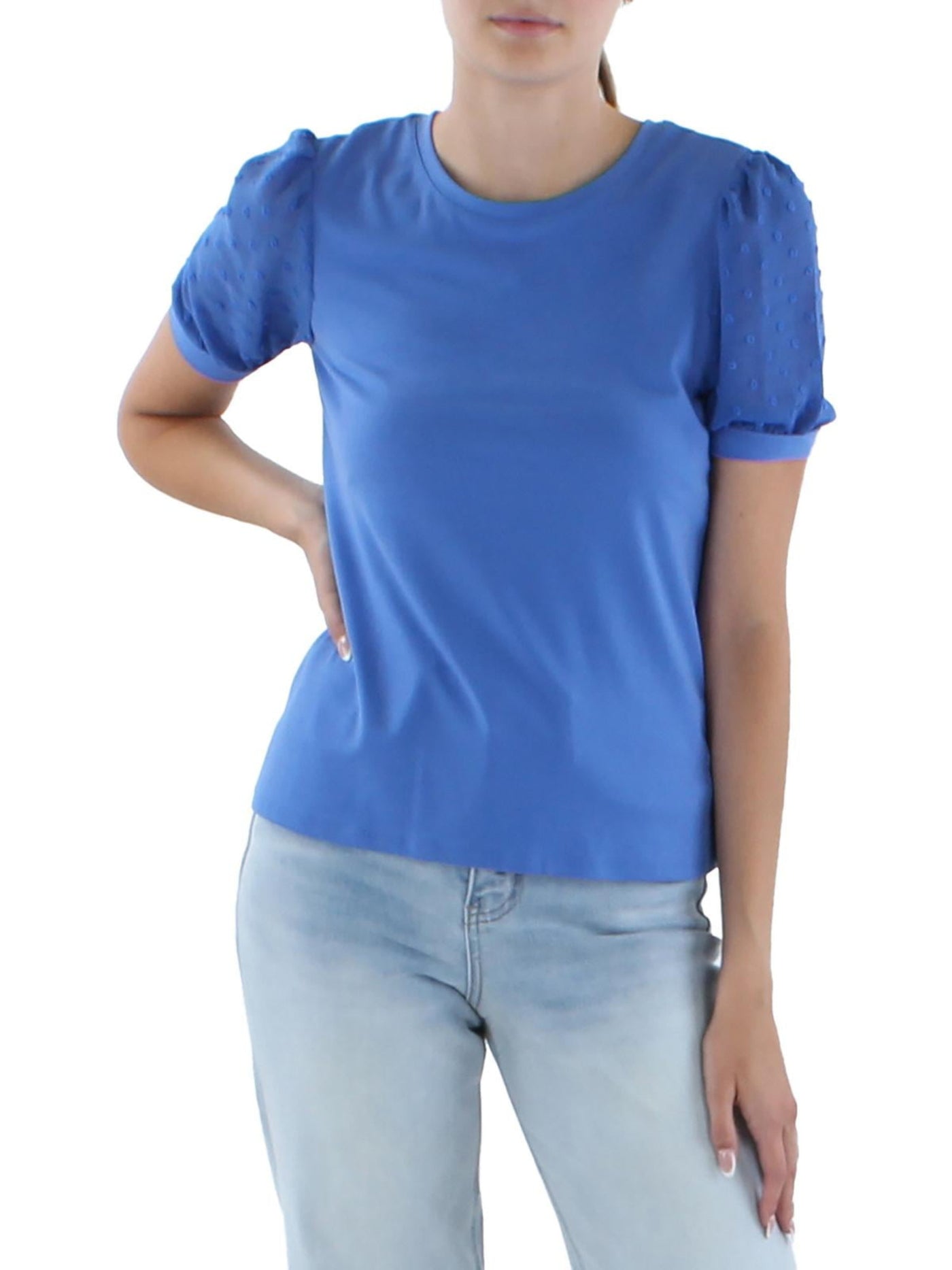 CECE Womens Blue Stretch Sheer Textured Unlined Pullover Pouf Sleeve Crew Neck Top M