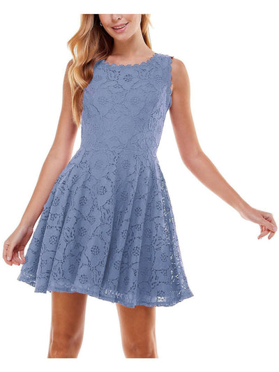 CITY STUDIO Womens Blue Scalloped Zippered Lined Sleeveless Boat Neck Short Fit + Flare Dress Juniors 15