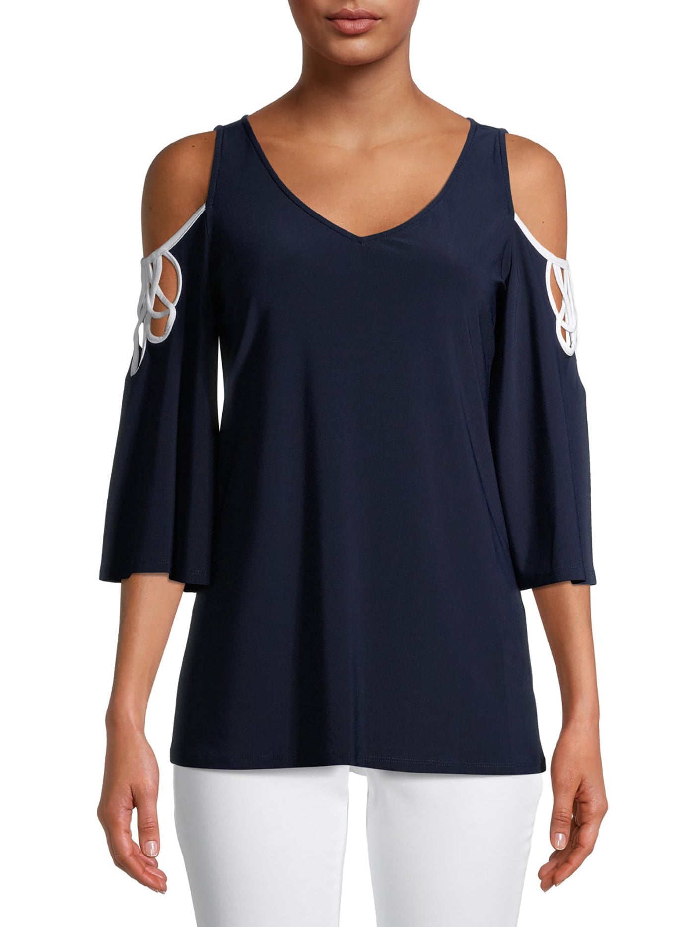 VINCE CAMUTO Womens Navy Cold Shoulder Cut Out 3/4 Sleeve V Neck Top M