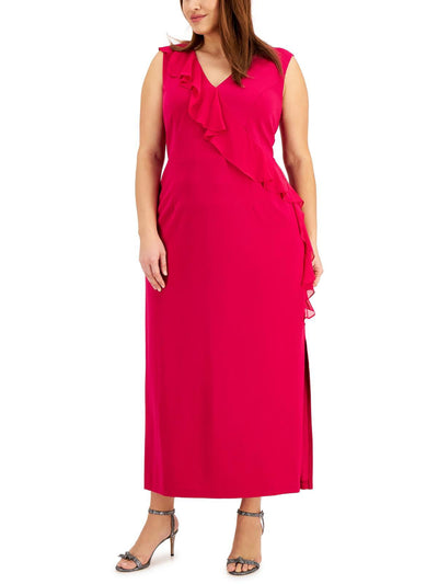 CONNECTED APPAREL Womens Pink Stretch Ruffled Zippered Slitted Sheer Lined Bodice Sleeveless V Neck Maxi Fit + Flare Dress Plus 24W