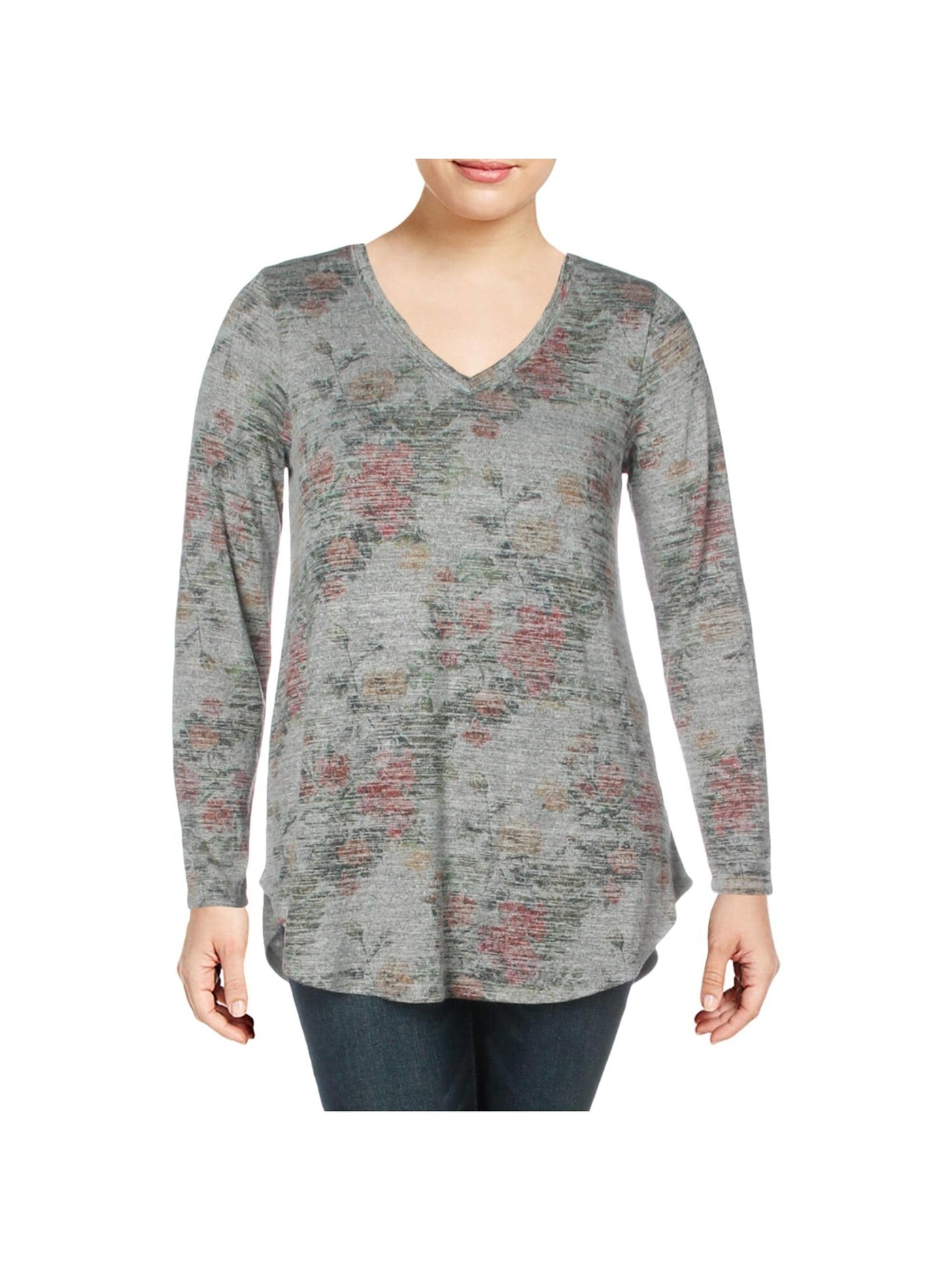 CUPIO BLUSH Womens Gray Stretch Long Sleeve V Neck Tunic Top L