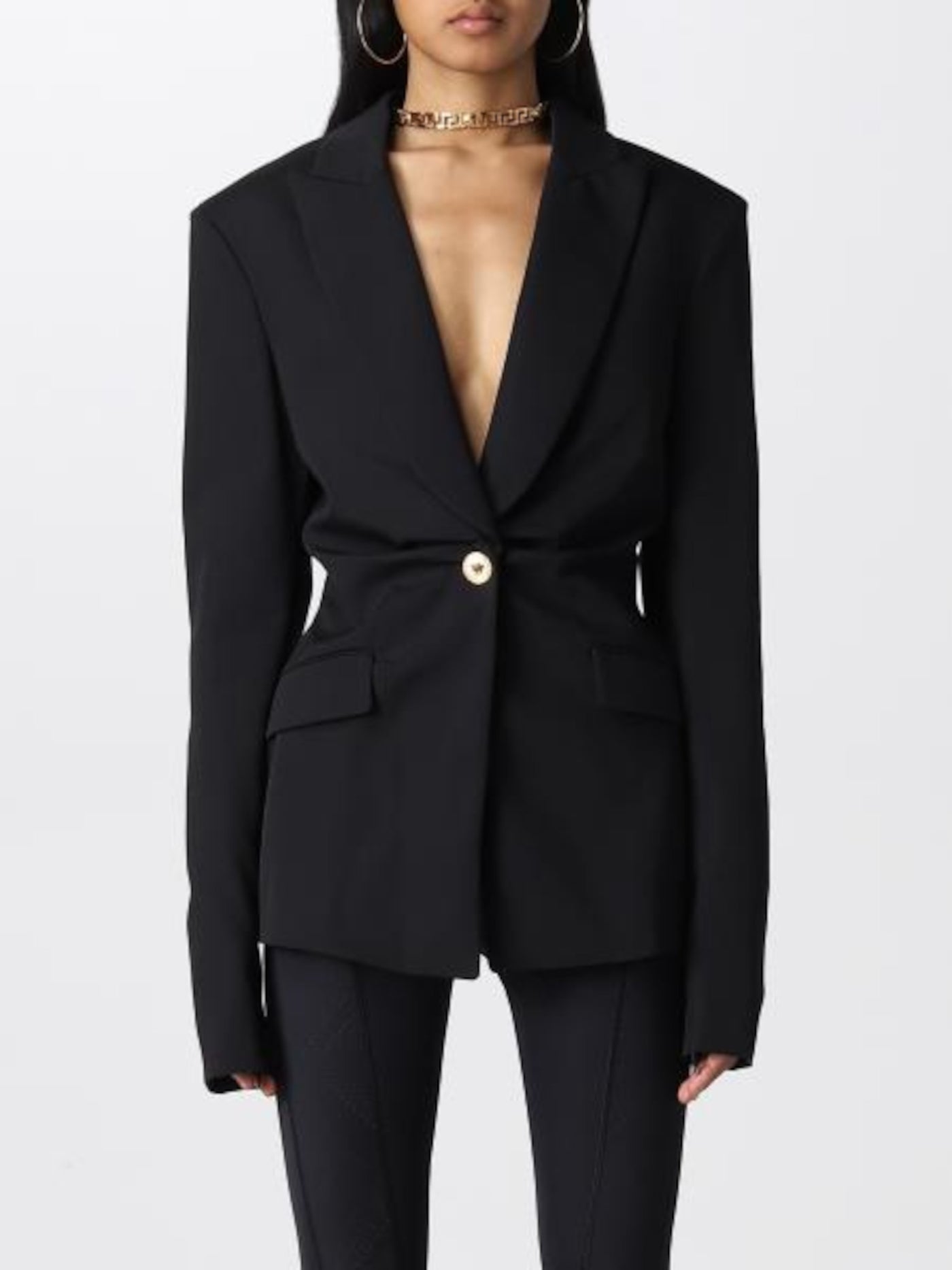 VERSACE Womens Black Pocketed Lined Shoulder Pads One Button Clousre Wear To Work Blazer Jacket 42