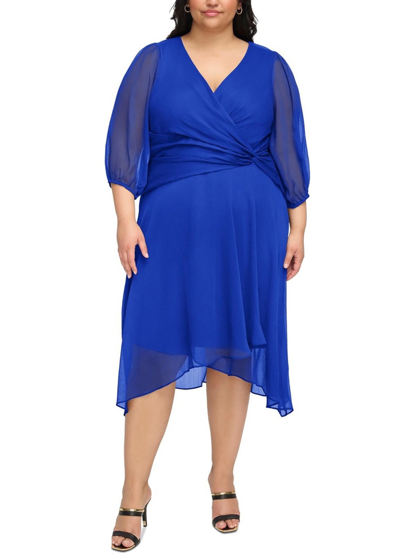 DKNY Womens Blue Zippered Lined Twist-side Hi-lo Hem Balloon Sleeve Surplice Neckline Midi Party Faux Wrap Dress Plus 22W