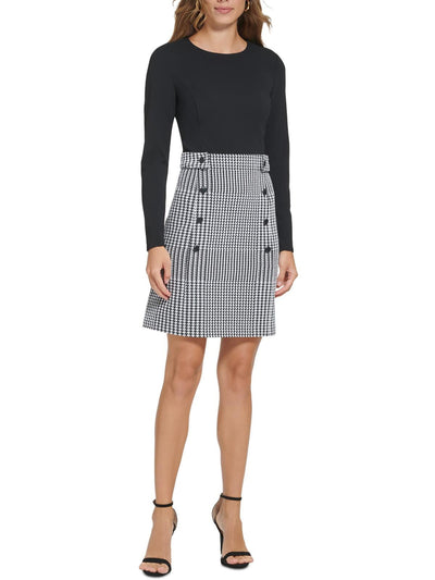 DKNY Womens Black Zippered Unlined Houndstooth Long Sleeve Round Neck Above The Knee Wear To Work A-Line Dress 16