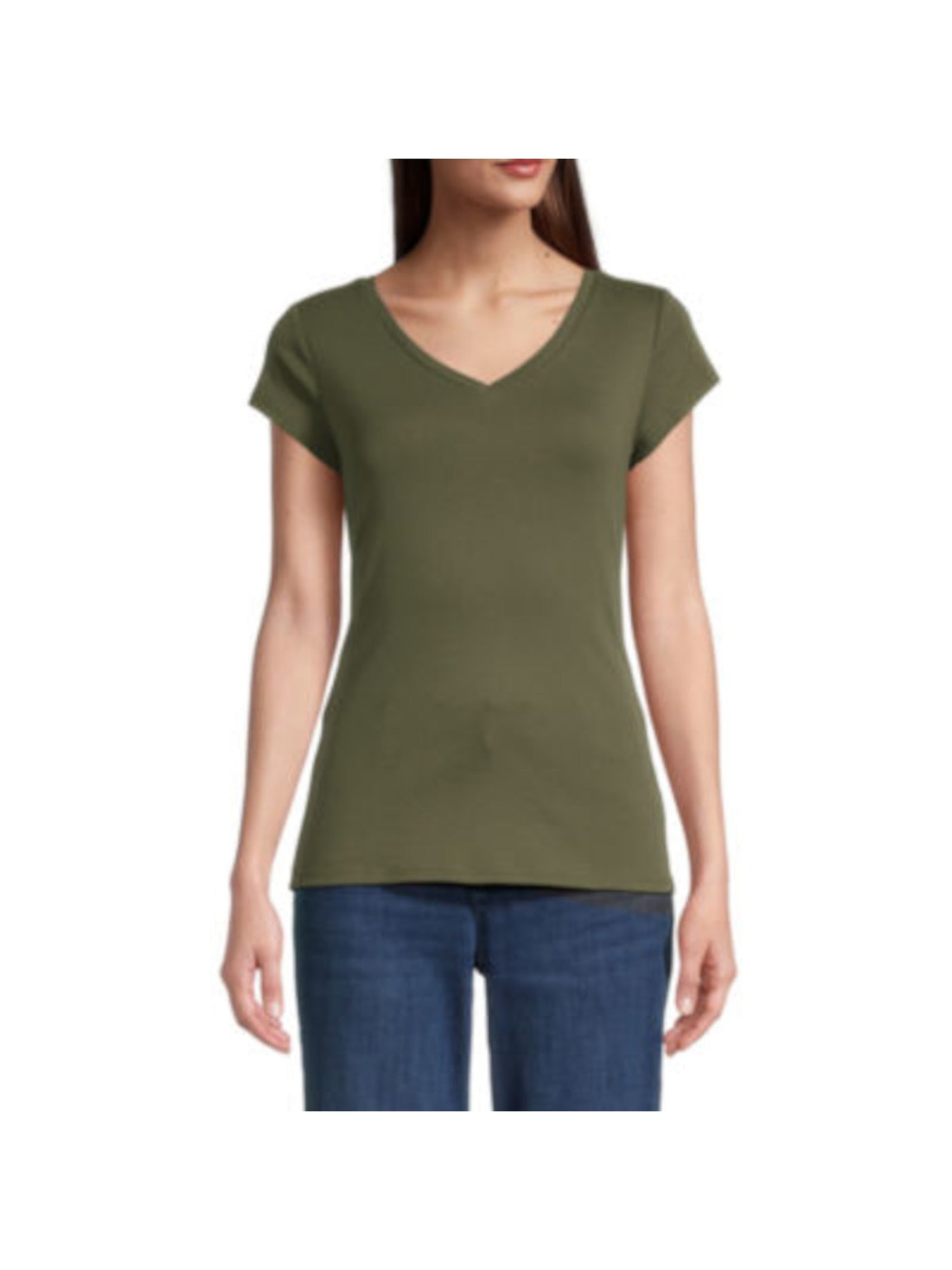 DOLAN Womens Green Stretch Ribbed Short Sleeve V Neck T-Shirt L