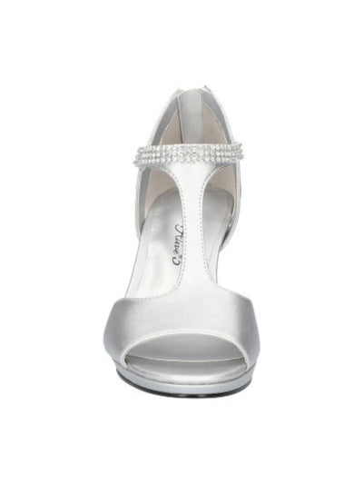 EASY STREET ALIVE AT 5 Womens Silver Rhinestone T-Strap Flash Round Toe Block Heel Zip-Up Dress Heeled Sandal 8 M